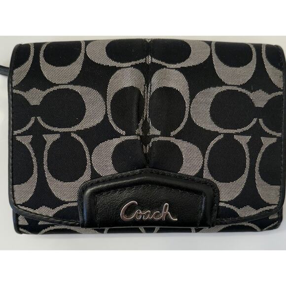 Coach Signature Trifold Pleated Leather Trim Wallet Black - Picture 1 of 7